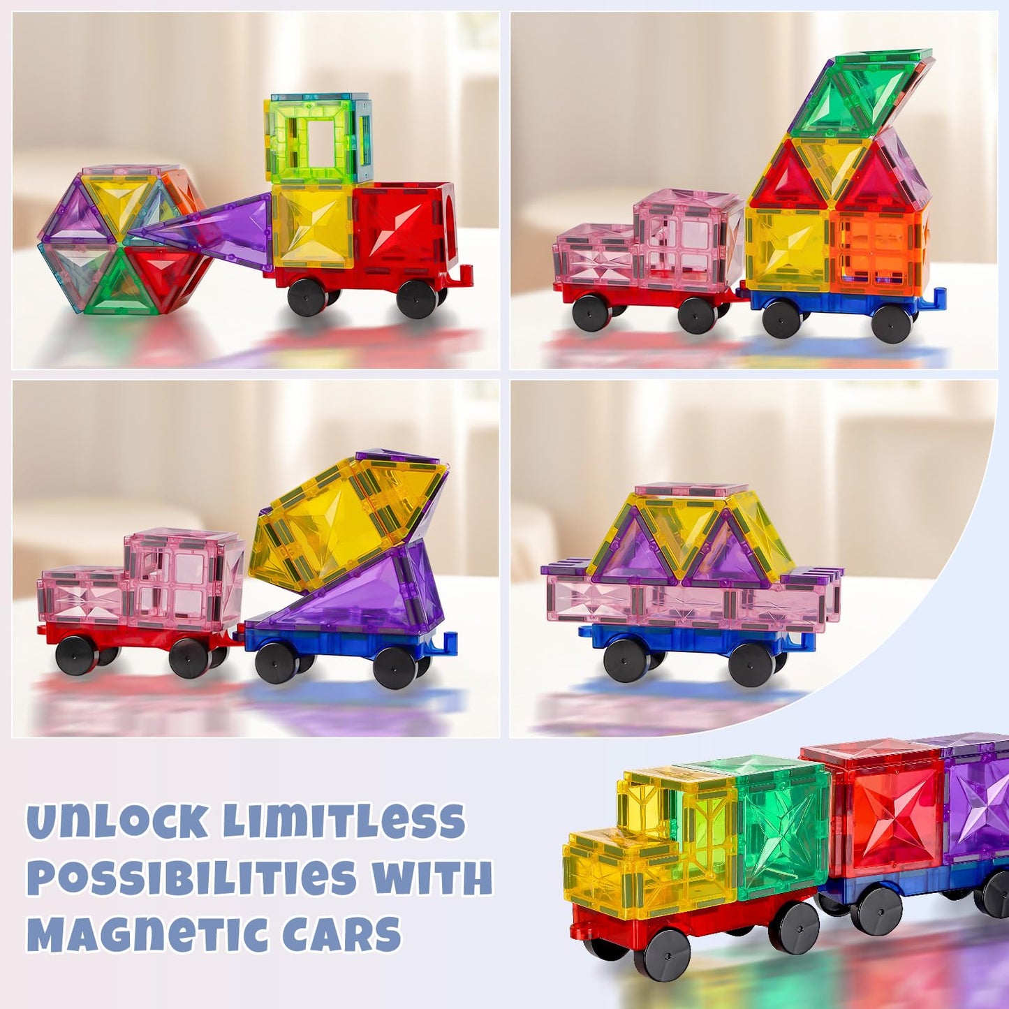 Meuzhen 120Pcs Magnetic Tiles with 2 Cars Toy Set, Diamond Magnet Tiles 3D Building Blocks, Toddler Montessori Toys for 3 4 5 6 Years, STEM Preschool Kids Sensory Educational Toys Gift for Boys Girls