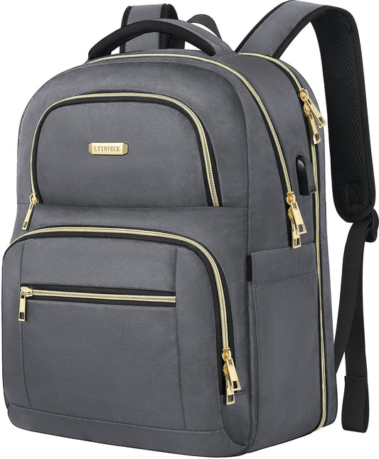LTINVECK Travel Laptop Backpack for Women Men, Business Anti Theft TSA Friendly Laptops Backpack with USB Charging Port,Water Resistant Computer Bag Fits 15.6 Inch Laptops,Grey