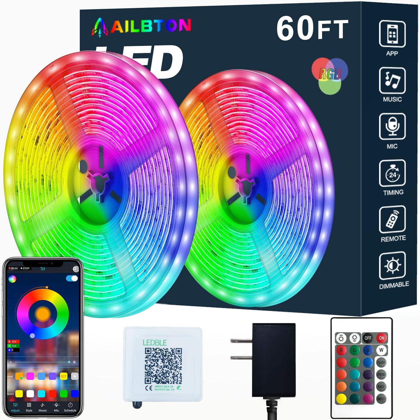 60ft RGB LED Strip Lights with Music