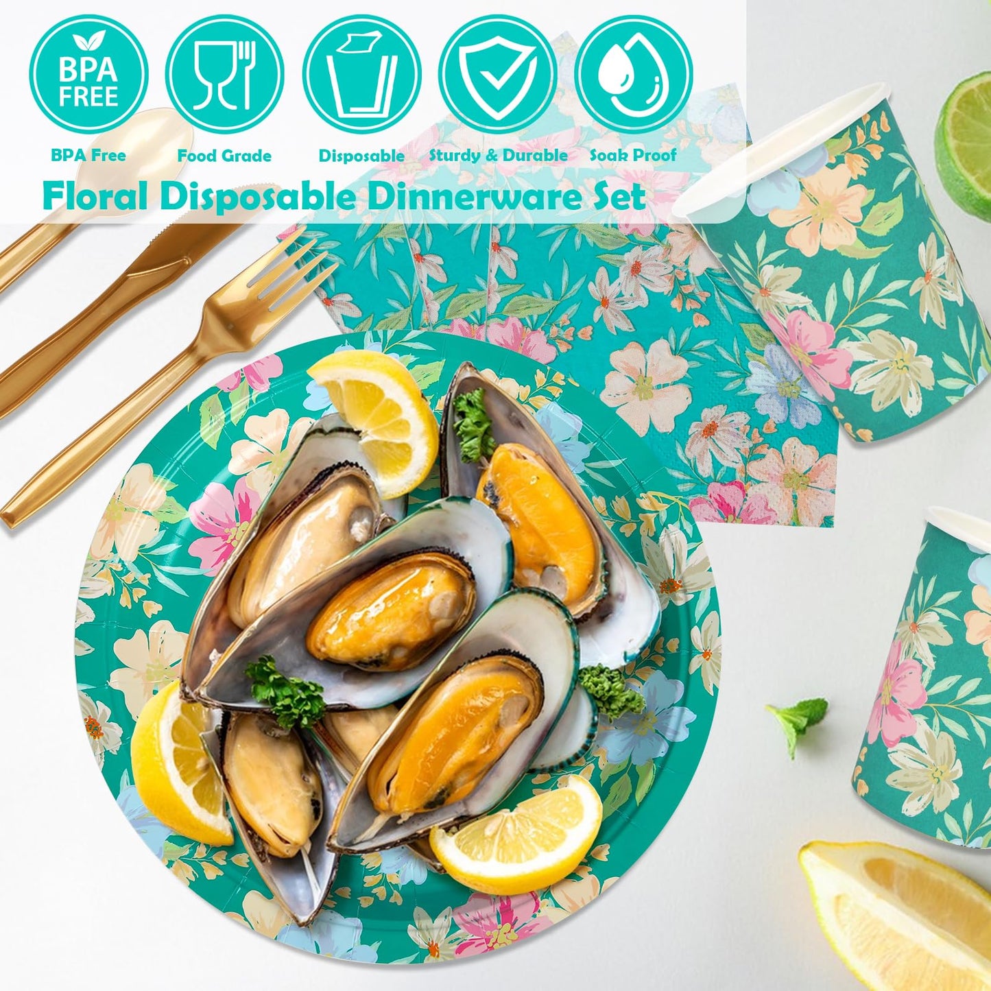 Uniecocus 175PCS Disposable Plates Set, Party Plates and Cups and Napkins Sets, Flower Paper Plates Set, Disposable Dinnerware Set for Party Wedding Birthday