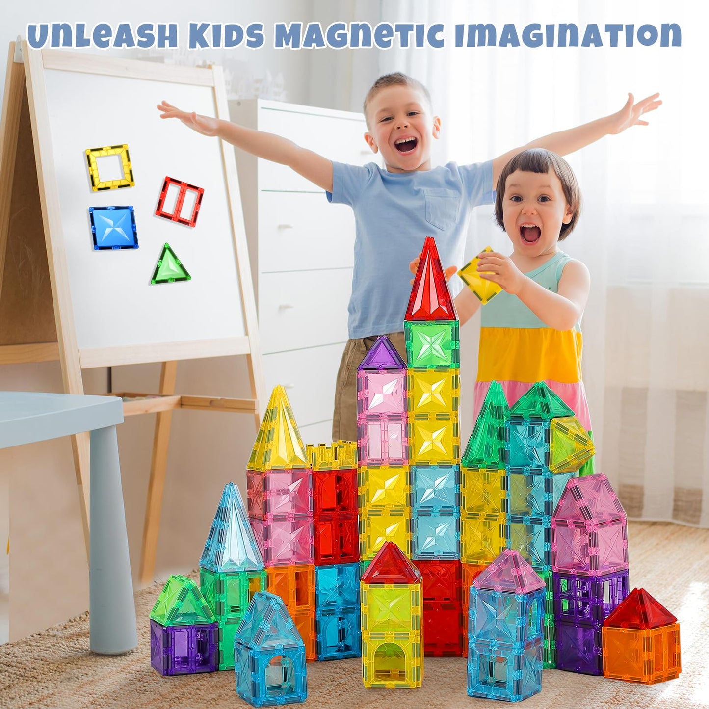 Meuzhen 120Pcs Magnetic Tiles with 2 Cars Toy Set, Diamond Magnet Tiles 3D Building Blocks, Toddler Montessori Toys for 3 4 5 6 Years, STEM Preschool Kids Sensory Educational Toys Gift for Boys Girls