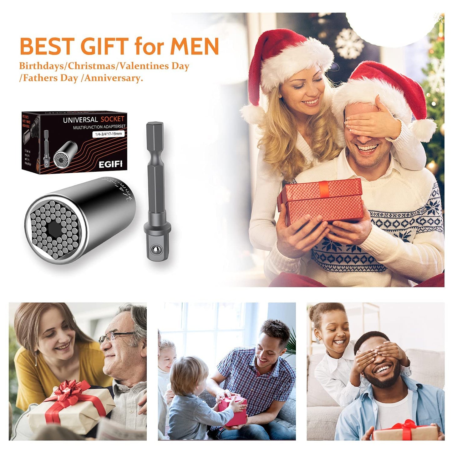 Universal Socket Tools, Christmas Gifts for Men, Self-Adjusting Socket Fits Standard 1/4'' - 3/4'' Metric 7mm-19mm with Power Drill Adapter 2Pc Set, Stocking Stuffers Gifts for Men, Dad, Husband