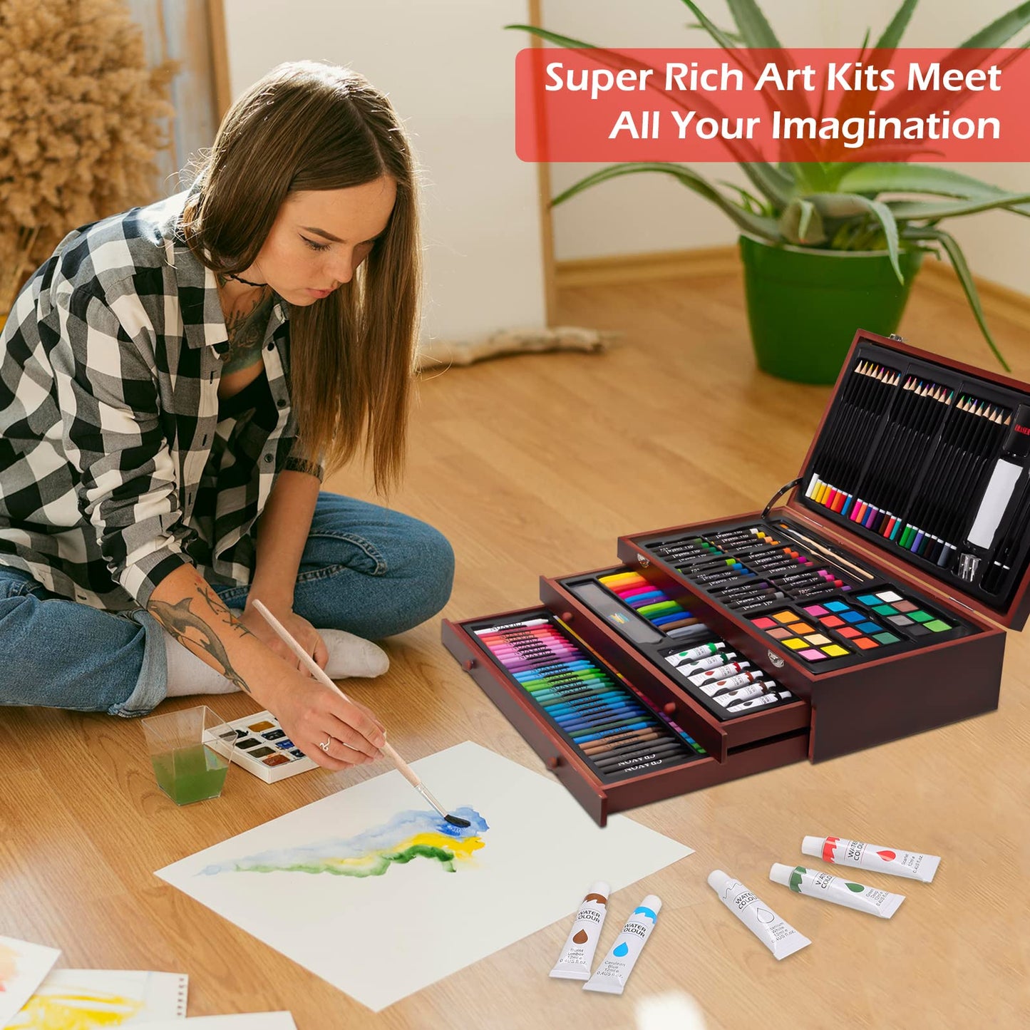 Art Supplies, 185-Piece Super Deluxe Wooden Art Set Crafts Drawing Kit with 2 Sketch Pads, Crayons, Oil Pastels, Colored Pencils, Watercolor Cakes, Creative Gift for Teens, Beginners Girls Boys