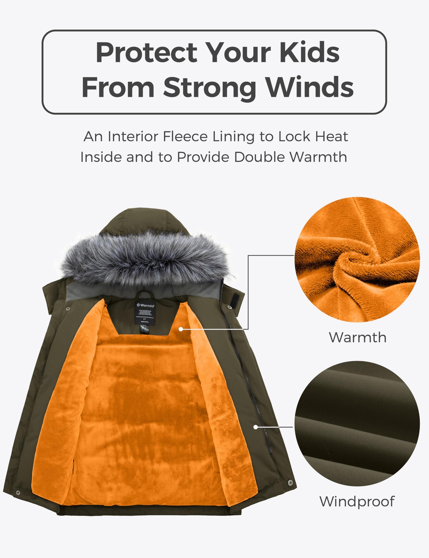 wantdo Boys' Hooded Puffer Jackets Water-Resistant Warm Fleece Winter Coat with Hood Army Green 6-7