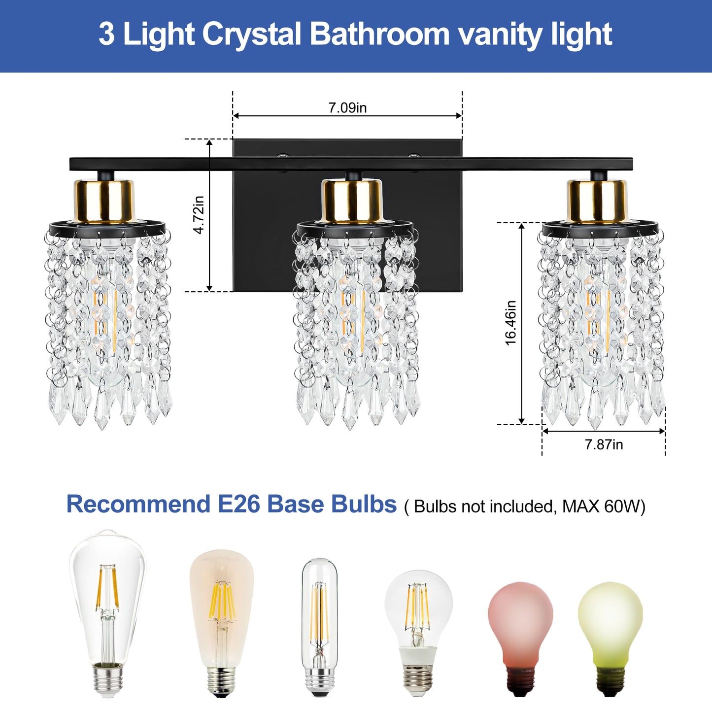 NOVELUX 3 Lights Bathroom Light Fixtures Over Mirror 2 Packs Modern Crystal Bathroom Vanity Lights Modern Matte Black K9 Crystal Vanity Light for Bathroom E26 Bathroom Lights Above Mirror