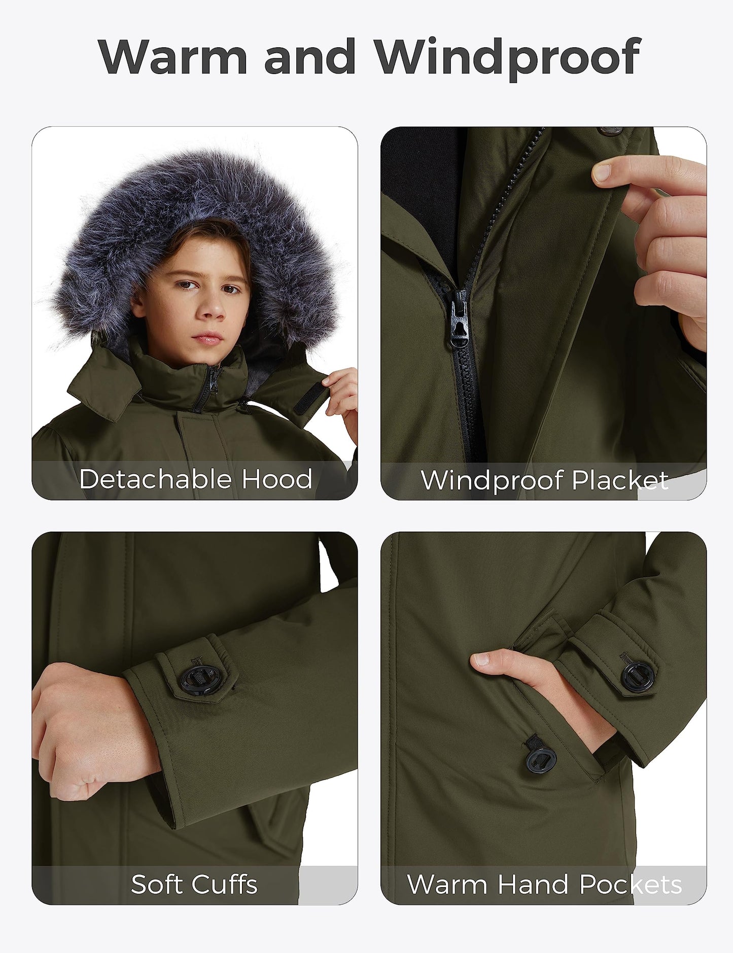 wantdo Boys' Hooded Puffer Jackets Water-Resistant Warm Fleece Winter Coat with Hood Army Green 6-7