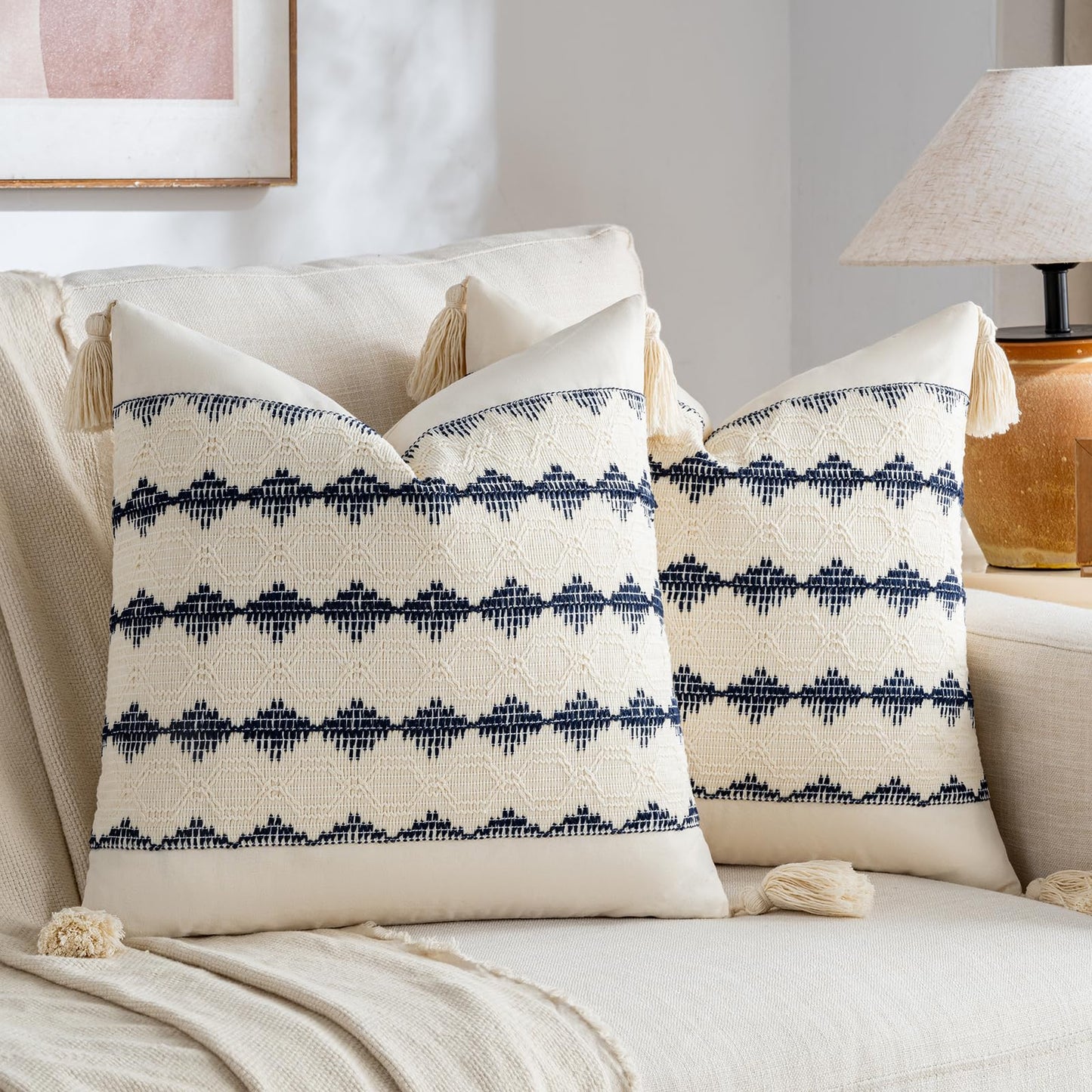 Fancy Homi 18x18 Navy Blue Pillow Covers with Tassels – Set of 2