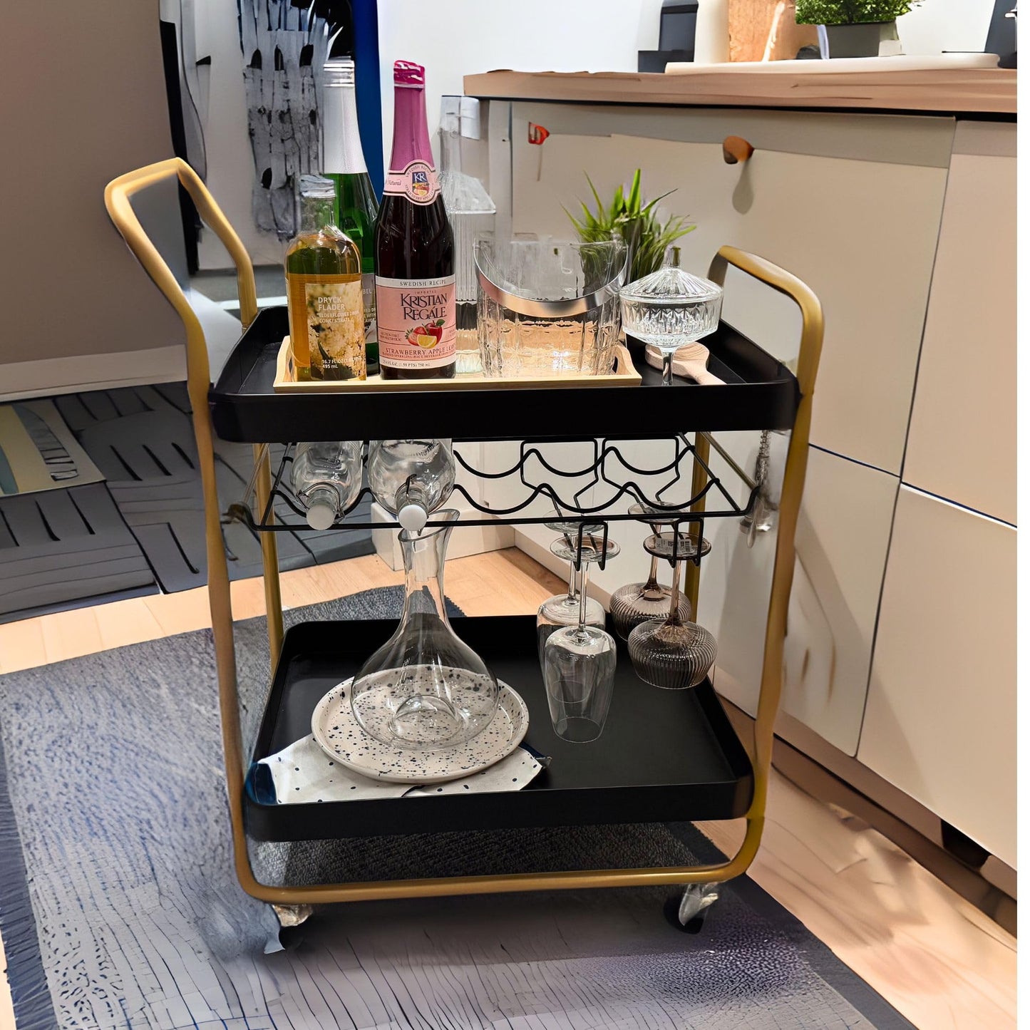 Modern Rolling Bar Cart with Wine Rack & Glass Holder