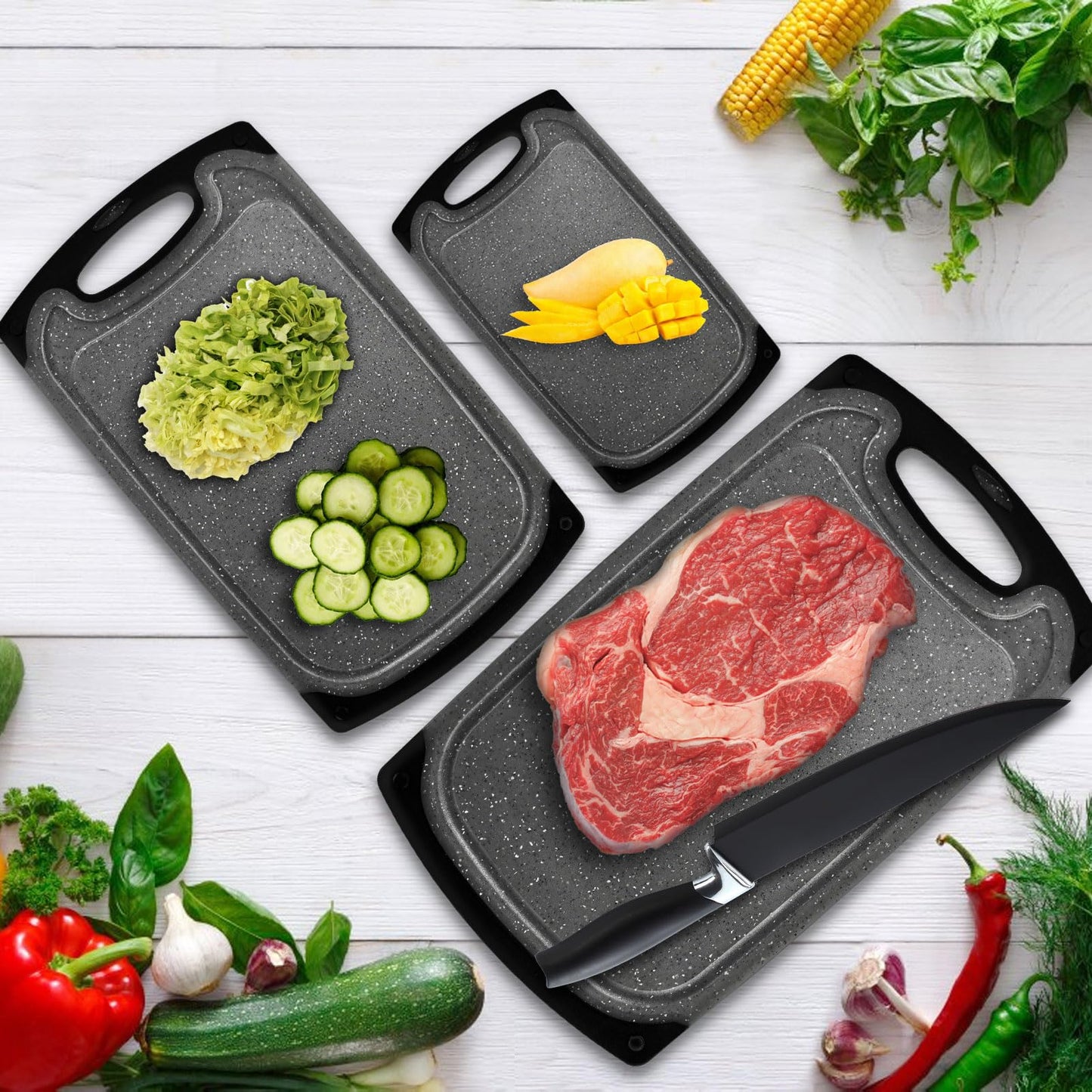 Funnydin Cutting Boards for Kitchen - 8 Set - Plastic Cutting Board Set with Chef Knife & 4 Hooks, Non-Slip Chopping Board Set, Kitchen Cutting Boards with Juice Groove, Grinding Area, Dishwasher Safe