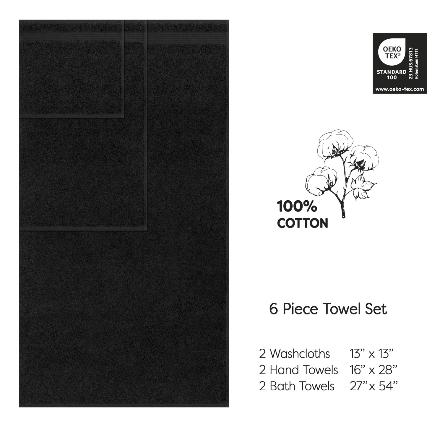 Cotton Paradise Black 6 Piece Towel Set, 100% Cotton Turkish Towels for Bathroom, 2 Bath Towels 2 Hand Towels 2 Washcloths Soft Fluffy Bathroom Towels