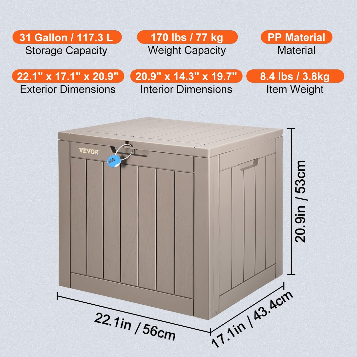 VEVOR Deck Box, 31 Gallon Outdoor Storage Box, 22.1" x 17.1" x 20.9", Waterproof PP Deckbox with Aluminum Alloy Padlock, for Patio Furniture, Pool Toys, Garden Tools, Outdoor Cushions, Gray