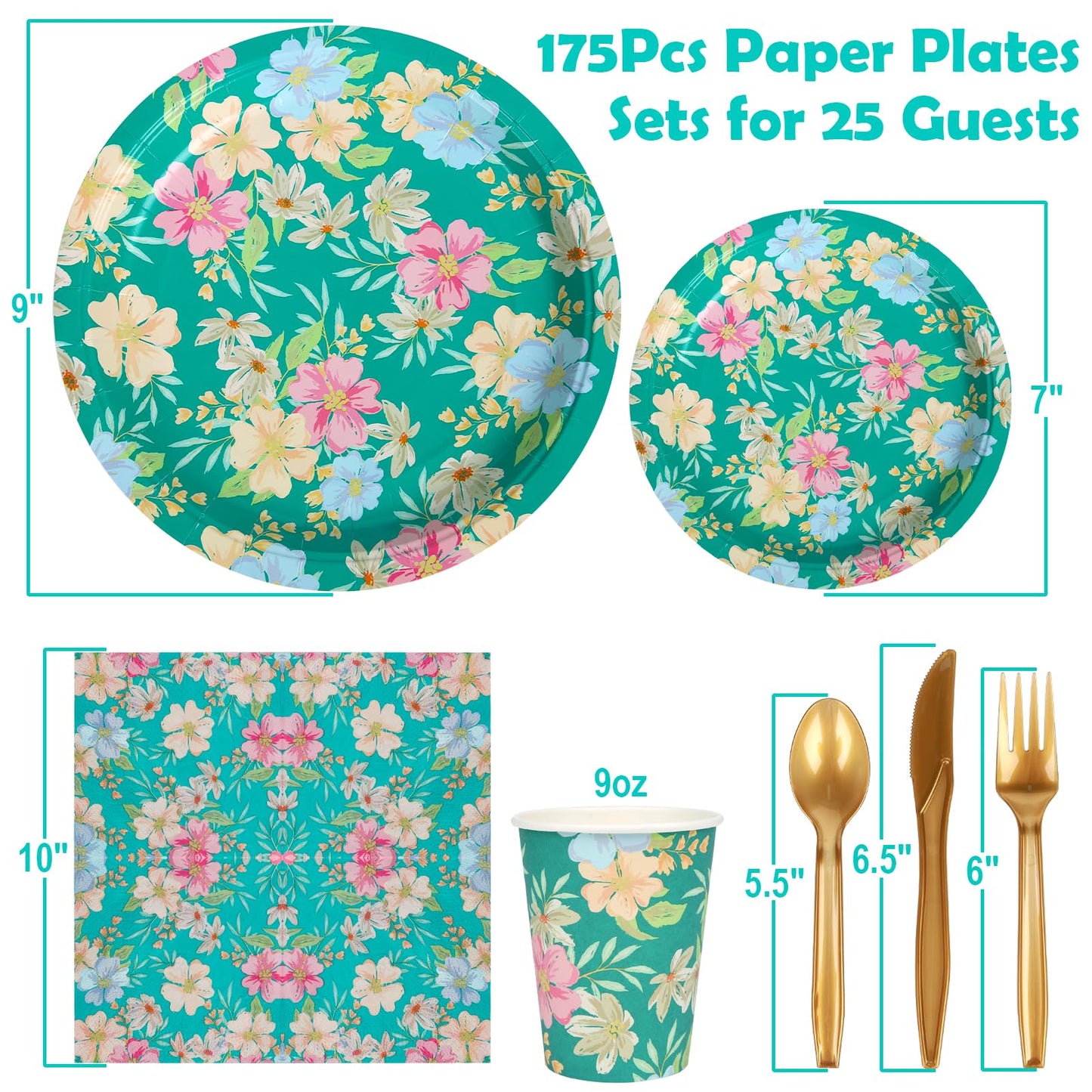 Uniecocus 175PCS Disposable Plates Set, Party Plates and Cups and Napkins Sets, Flower Paper Plates Set, Disposable Dinnerware Set for Party Wedding Birthday