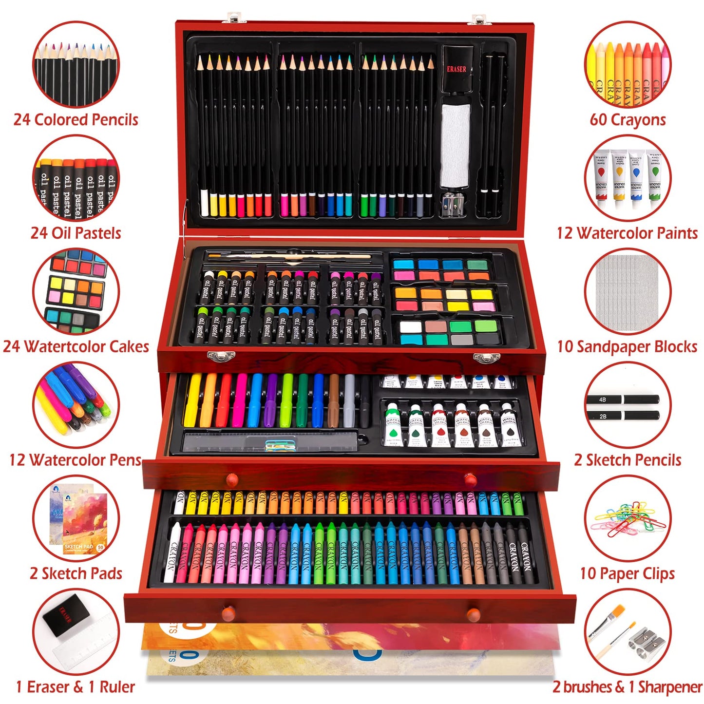 Art Supplies, 185-Piece Super Deluxe Wooden Art Set Crafts Drawing Kit with 2 Sketch Pads, Crayons, Oil Pastels, Colored Pencils, Watercolor Cakes, Creative Gift for Teens, Beginners Girls Boys