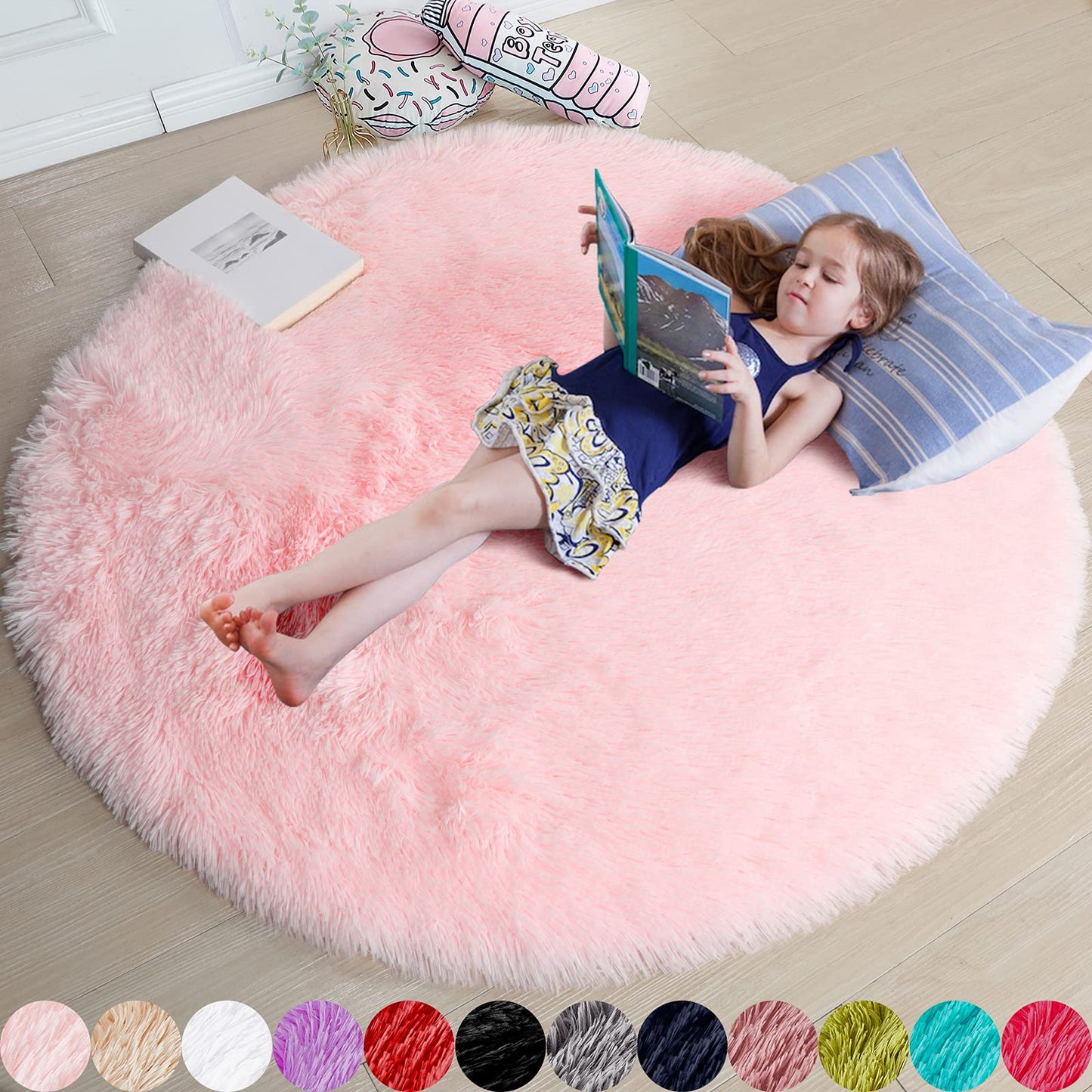 4 ft Round Light Pink Fluffy Area Rugs, Washable