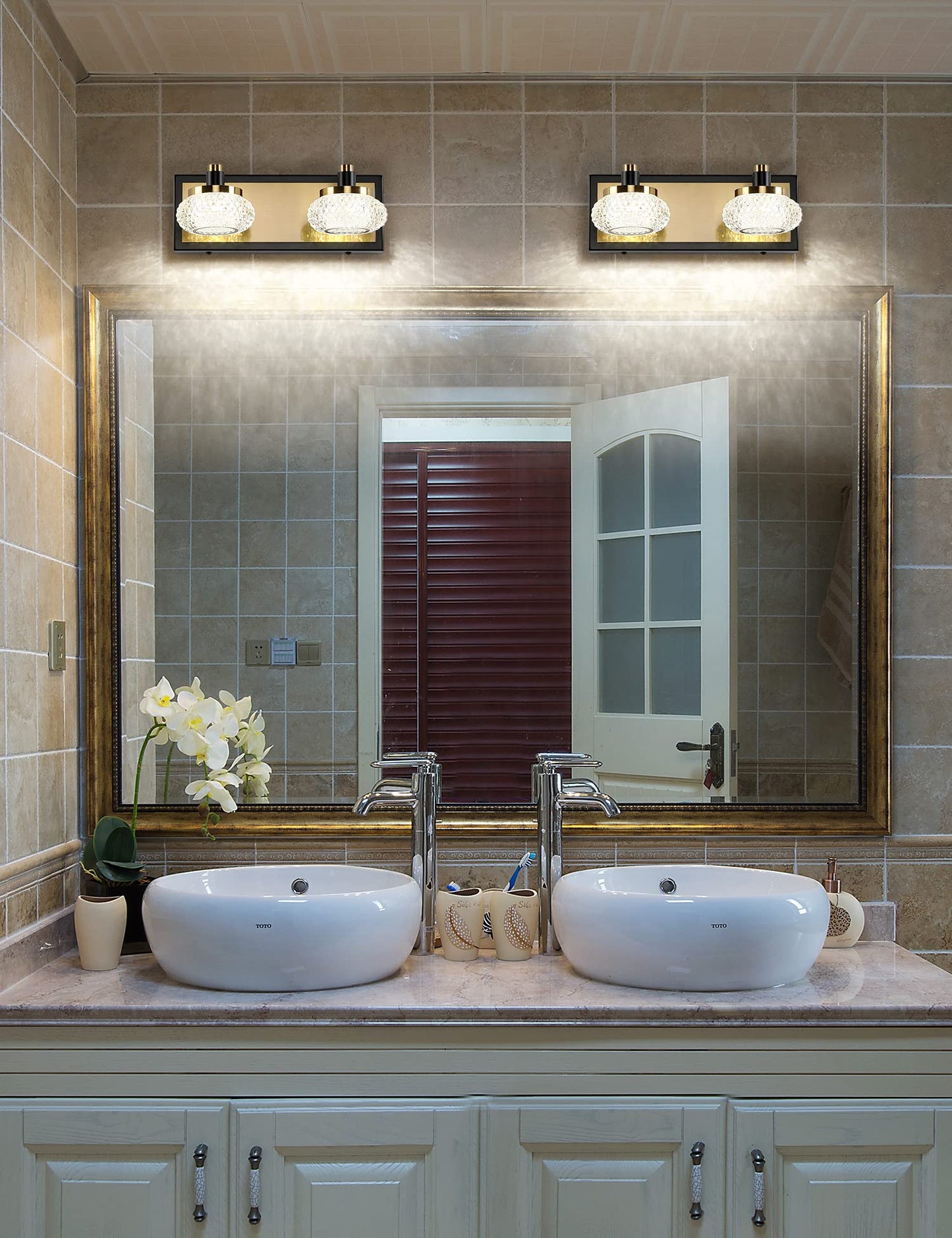 7Degobii 2-Light Bathroom Vanity Light Fixture Over Mirror Modern LED Acrylic Wall Lights for Bathroom 12" Inch Long Dimmable Black and Gold Color 4000K 10W 110V AC.