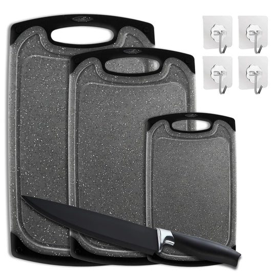 Funnydin Cutting Boards for Kitchen - 8 Set - Plastic Cutting Board Set with Chef Knife & 4 Hooks, Non-Slip Chopping Board Set, Kitchen Cutting Boards with Juice Groove, Grinding Area, Dishwasher Safe