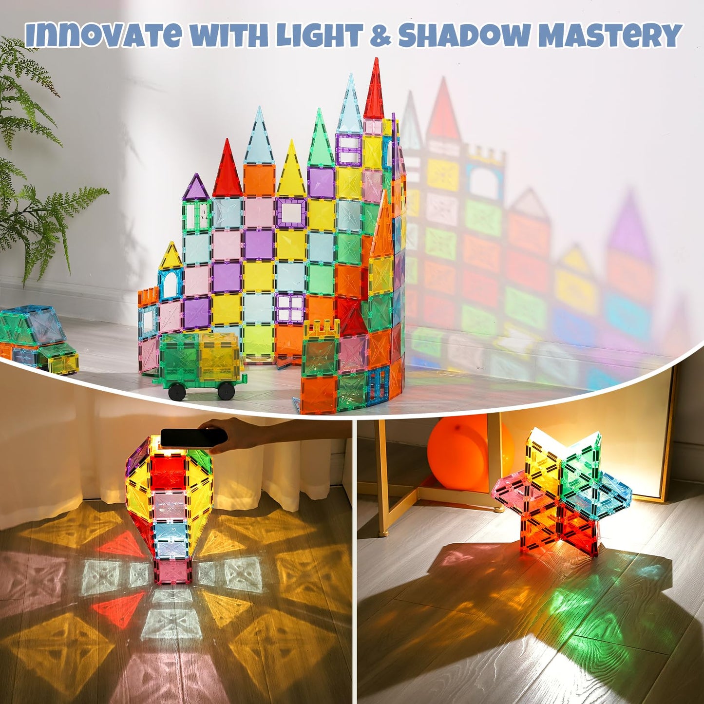 Meuzhen 120Pcs Magnetic Tiles with 2 Cars Toy Set, Diamond Magnet Tiles 3D Building Blocks, Toddler Montessori Toys for 3 4 5 6 Years, STEM Preschool Kids Sensory Educational Toys Gift for Boys Girls