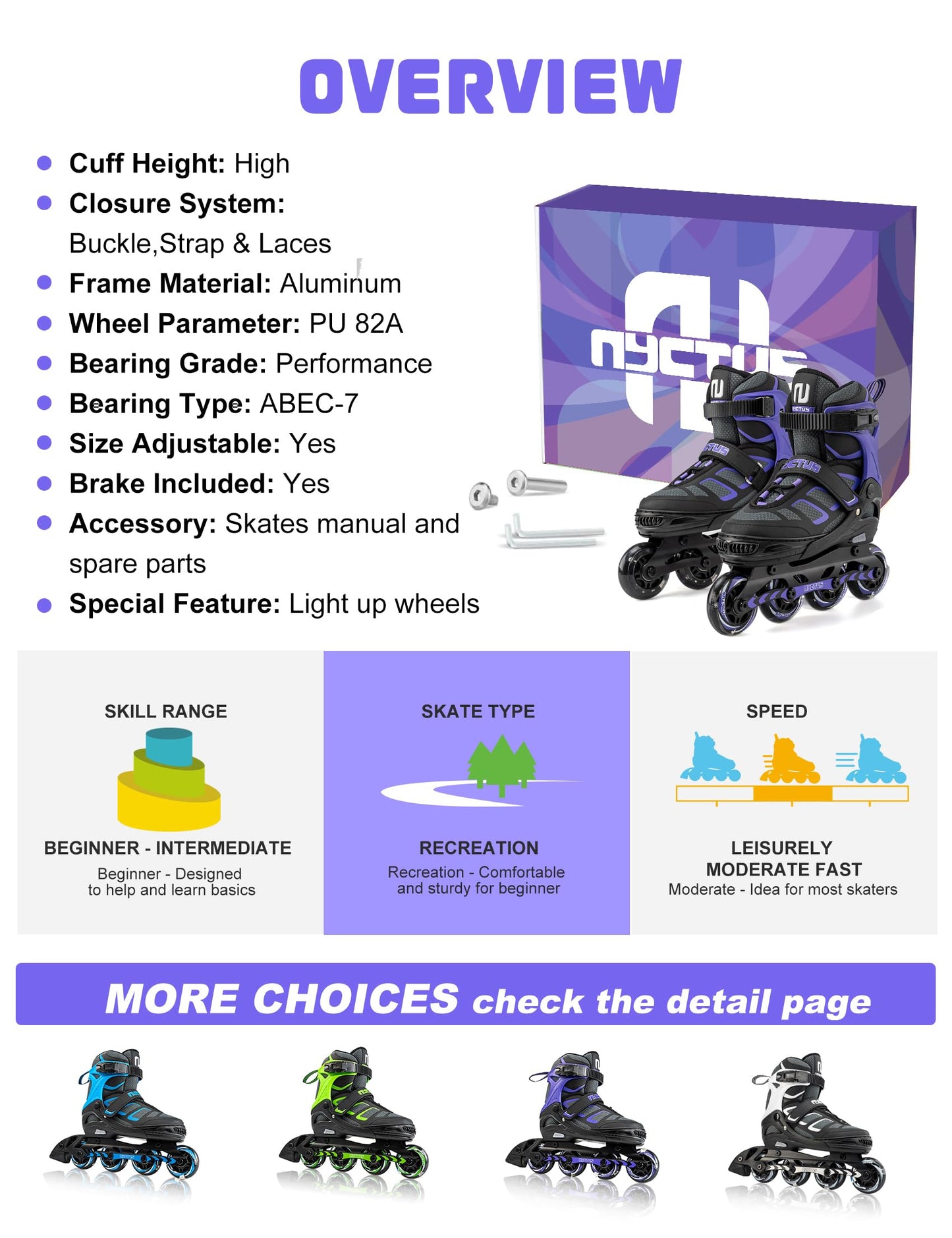 NYCTUS Inline Skates for Girls and Women, Inline Skates for Adult Female, Fun Illuminating Skates for Girls Ages 8-12 with Full Light up Wheels