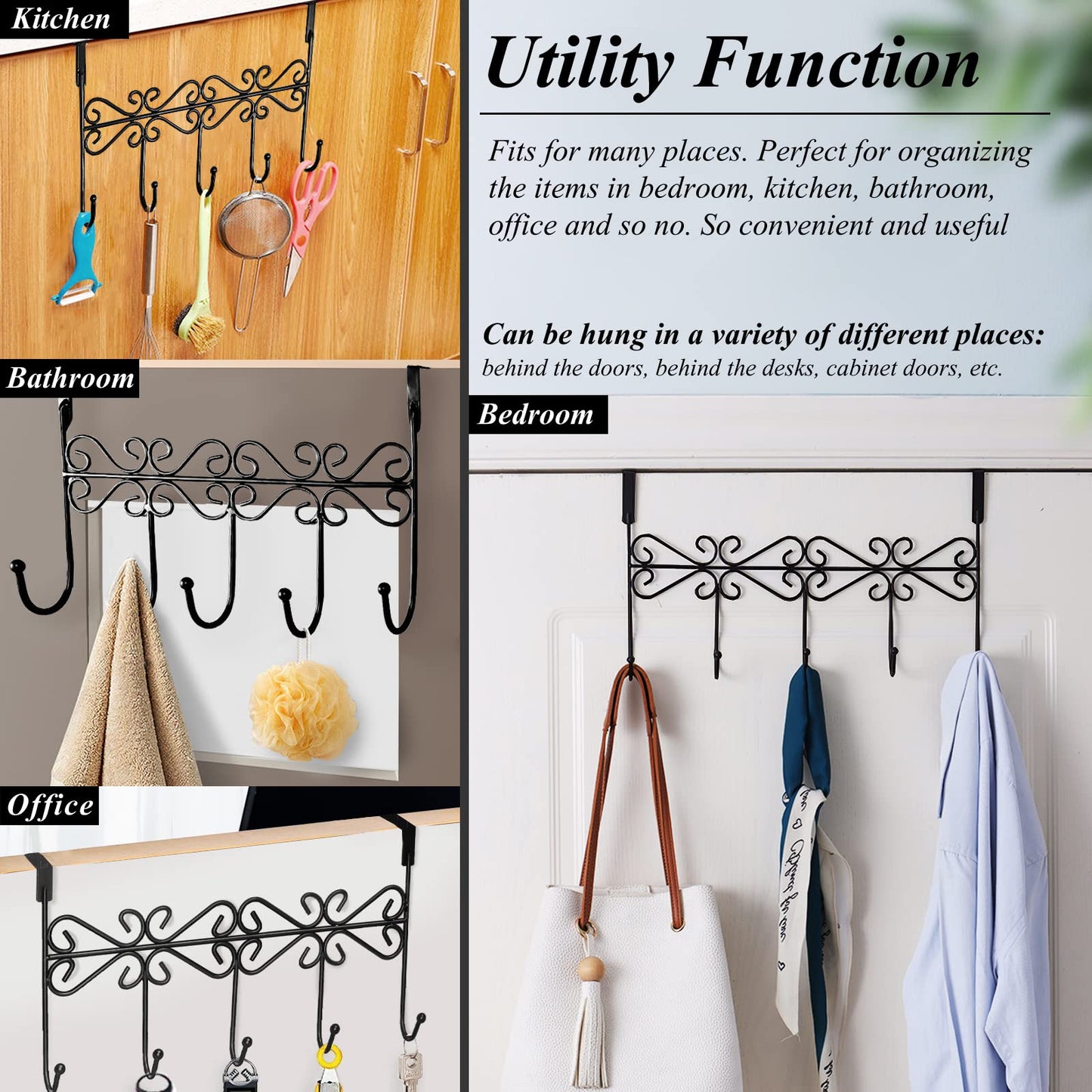 Youdepot Over The Door Hook Over Door Coat Rack Over Door Towel Rack Door Hooks,Door Hanger Hook of Bathroom,Clothes,Belt, Hat,Behind Back of Bathroom, Towel Hanger 2 Pieces 5 Hooks, Black.