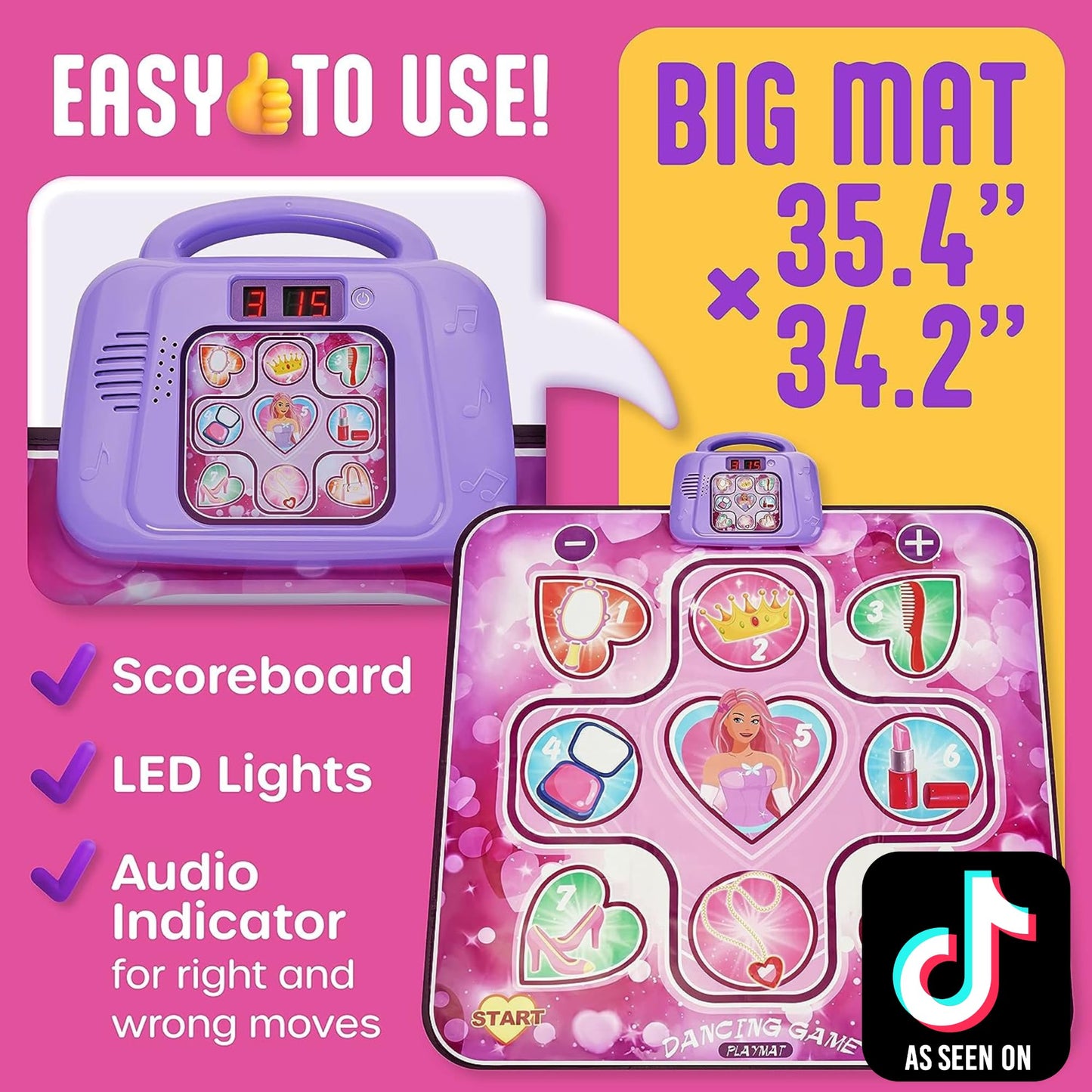 Dance Mat For Kids Ages 4-8 Year Old, Dance Pad For Girls, Toddlers, Music Mat, Dancing Mat with LED Lights, Adjustable Volume, Built-in Music, Dance Gifts For Girls, Dance Mat For Toddlers 3-5, 8-12