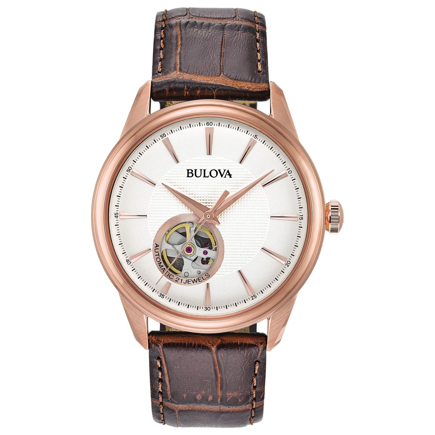 Bulova Men's Classic Automatic Rose Gold Stainless Steel Watch with Brown Leather Strap
