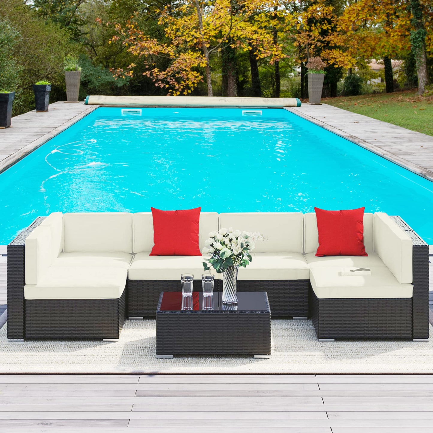 Outsunny 7 Piece Outdoor Patio Furniture Set, PE Rattan Wicker Sectional Sofa Set with Couch Cushions, Throw Pillows and Coffee Table, Orange, White