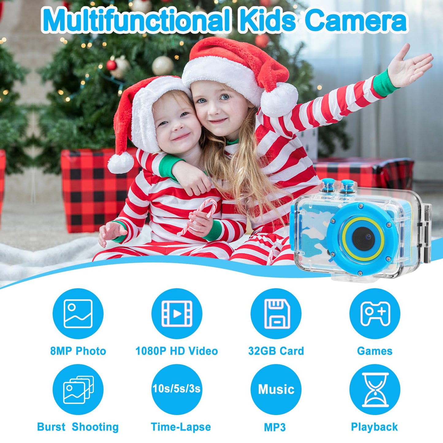Luoba Kids Camera Waterproof, Toys for 3-10 Year Old Boys Girls, Underwater Children Digital Camera Christmas Birthday Kids Boys Gifts Age 4 5 6 7 8, Toddler Video Toy Camera with 32GB SD Card (Blue)