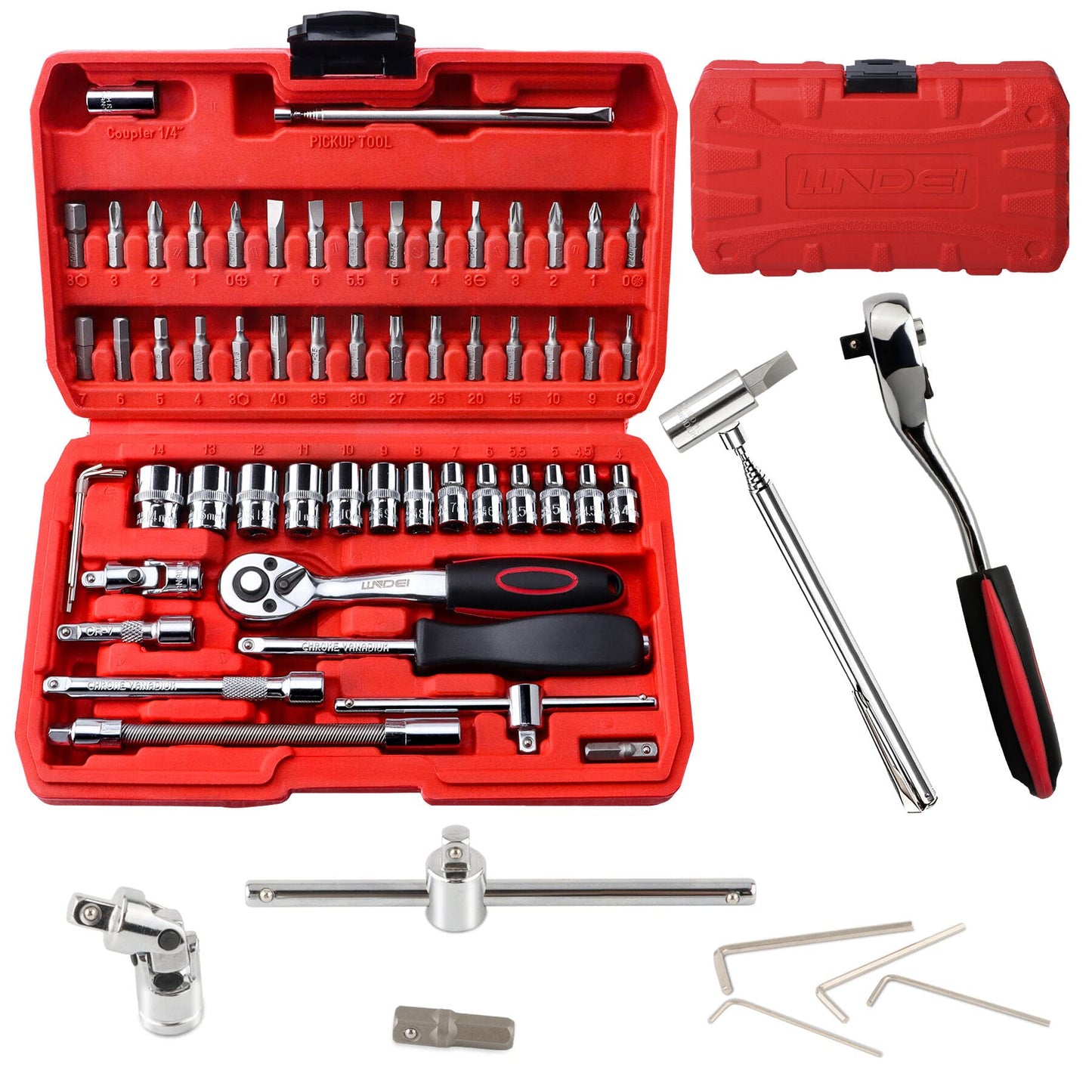 57 Piece Socket Set +1PCS, Magnetic Pick-Up Tool