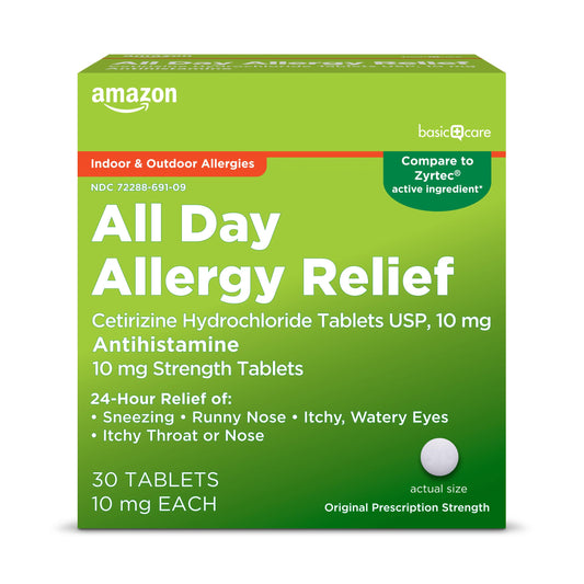 Amazon Basic Care All Day Allergy, Cetirizine Hydrochloride Tablets, 10 mg, 30 Count