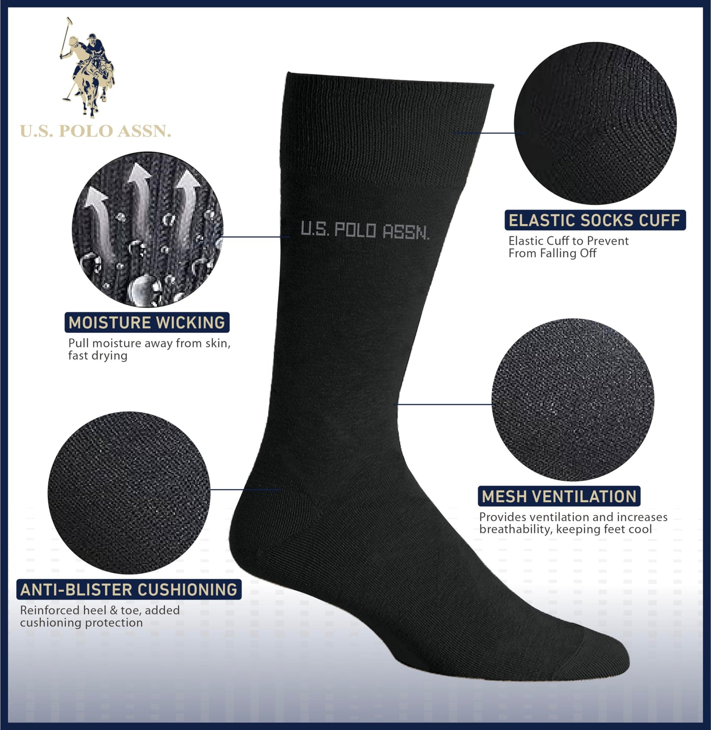 U.S. Polo Assn. 6 Pair Men's Crew Length Soft Dress Socks - Breathable & Moisture Control Socks for Indoor or Outdoor Wear, BLK 6353 (Shoe Size 6-12)