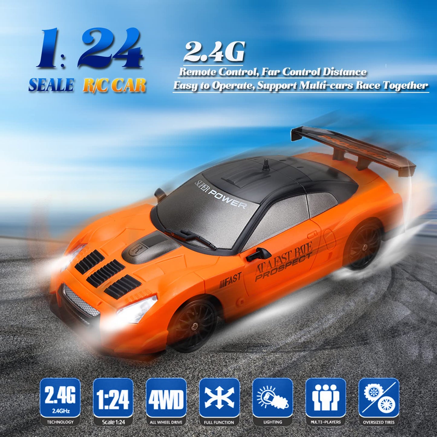 YUAN PLAN Remote Control Car, Drift RC Car 1/24 2.4GHz 4WD High Speed Orange RC Vehicle Cars Toys with LED Light and Drift Tires USB Charging for Boys and Girls Teens and Adults Gift