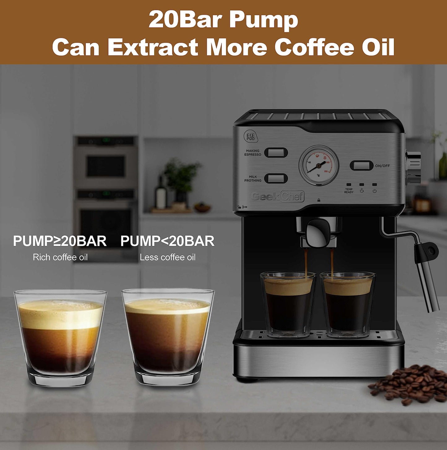 Geek Chef Espresso Machine 20 Bar, Cappuccino latte Maker Coffee Machine with ESE POD capsules filter&Milk Frother Steam Wand, 1.5L Water Tank, for Home Barista, Stainless steel 950W, Grey