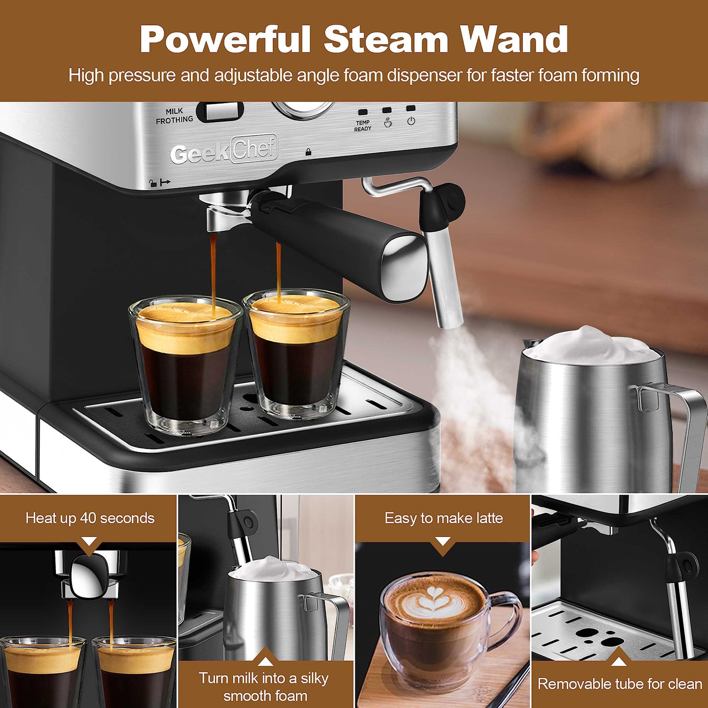Geek Chef Espresso Machine 20 Bar, Cappuccino latte Maker Coffee Machine with ESE POD capsules filter&Milk Frother Steam Wand, 1.5L Water Tank, for Home Barista, Stainless steel 950W, Grey