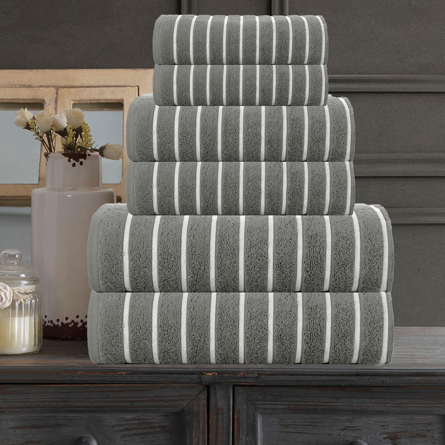CASA COPENHAGEN Ecstatic 6 Pieces Towel Set- Pine Grey, 600 GSM 2 Bath Towel 2 Hand Towel 2 Washcloth, Designed in Denmark Made of Soft Egyptian Cotton for Bathroom, Kitchen & Shower