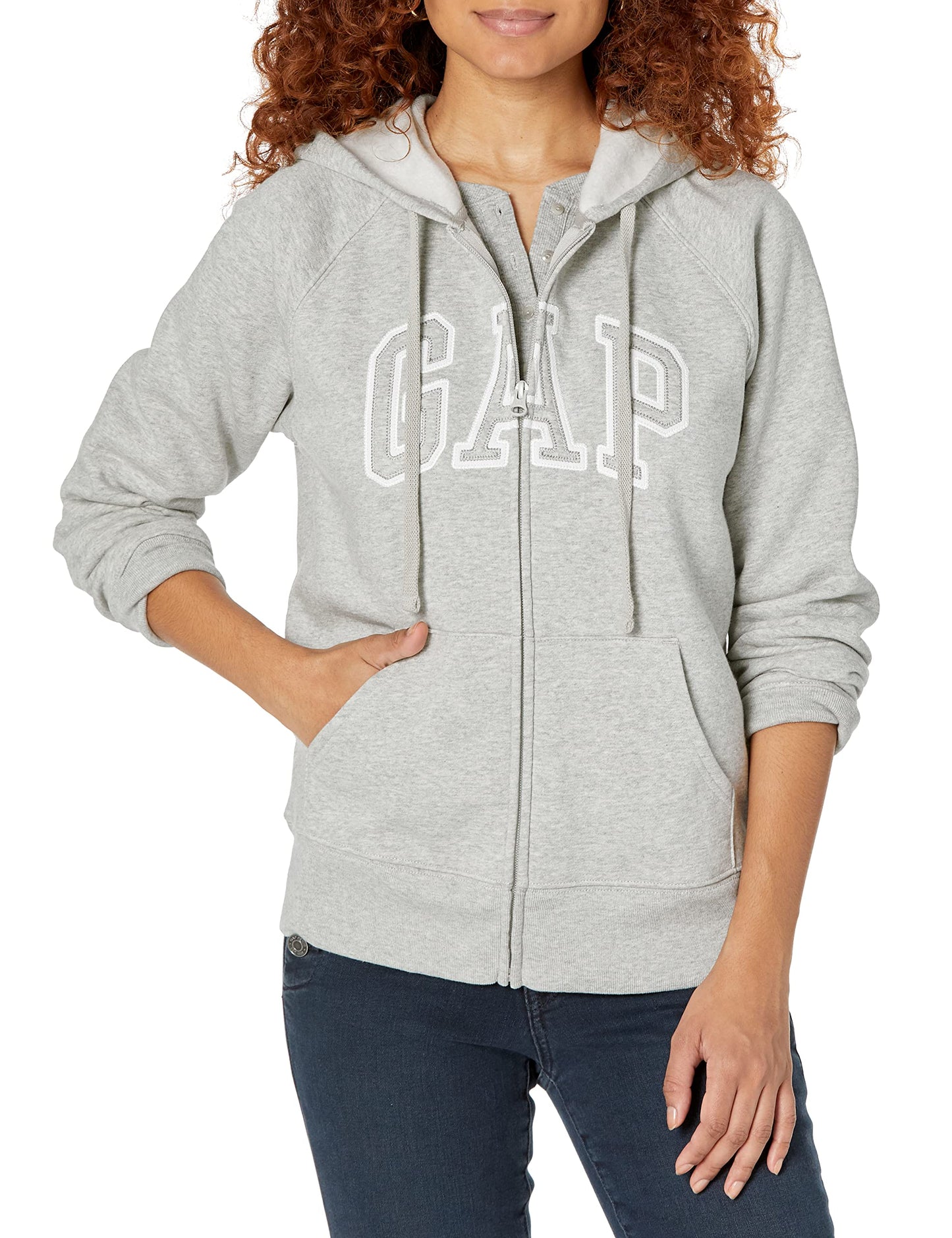 GAP womens Logo Hoodie Zip Sweatshirt, Light Heather Grey