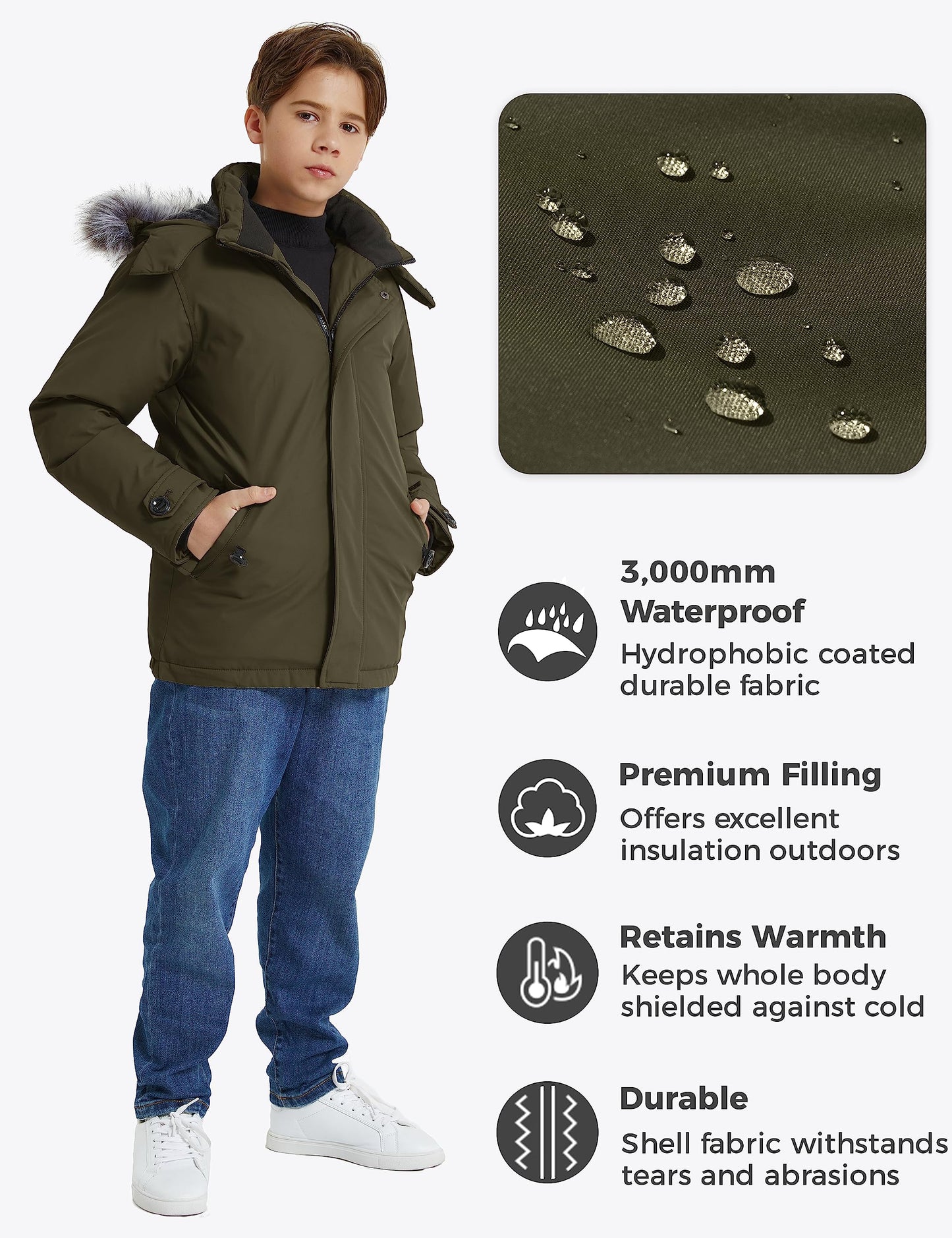 wantdo Boys' Hooded Puffer Jackets Water-Resistant Warm Fleece Winter Coat with Hood Army Green 6-7
