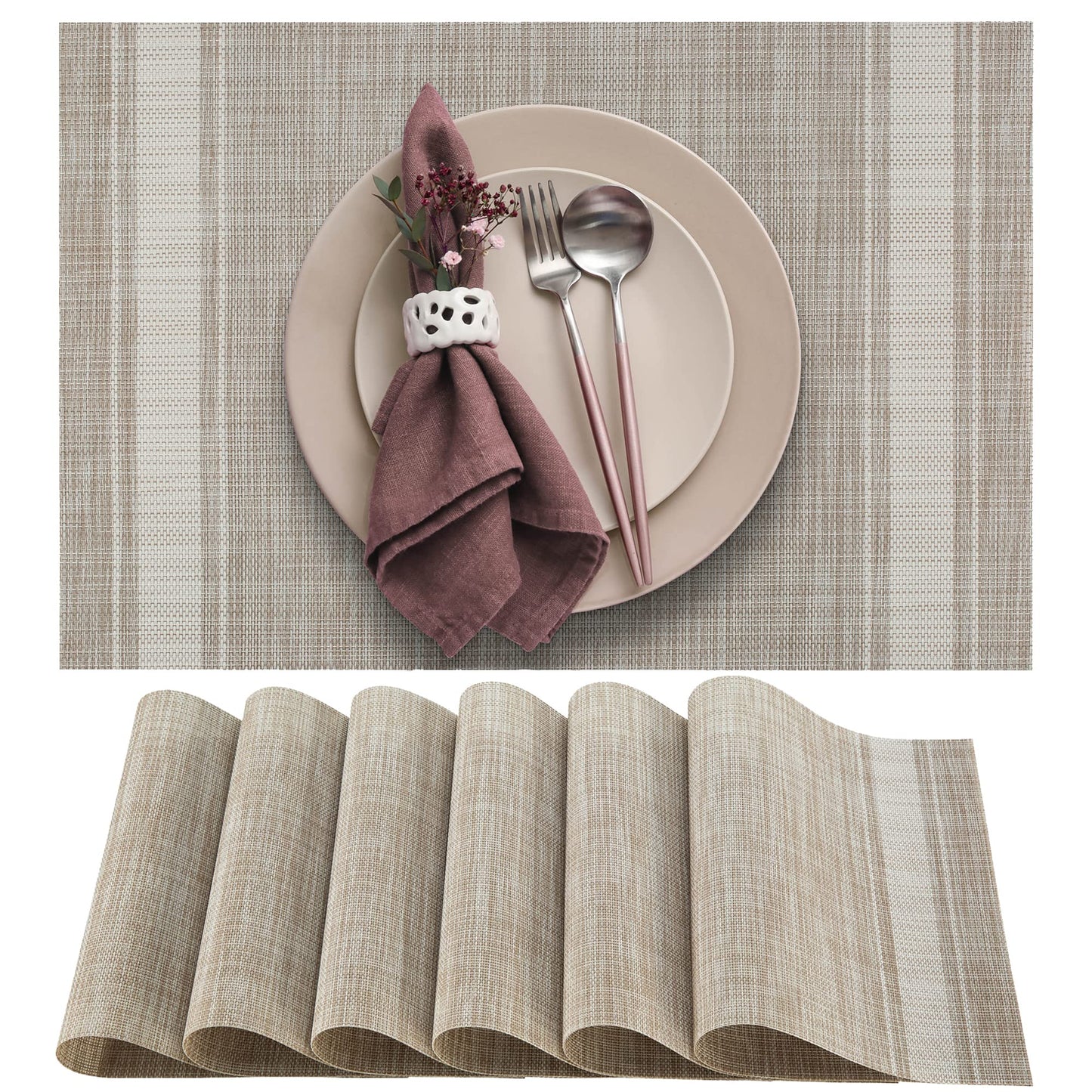 More Décor Dining Table Placemats, Washable Heat-Resistant PVC Vinyl Table Mats for Dining Room and Kitchen, Anti-Slip - Set of 4 - Vertical Striped White - Grey