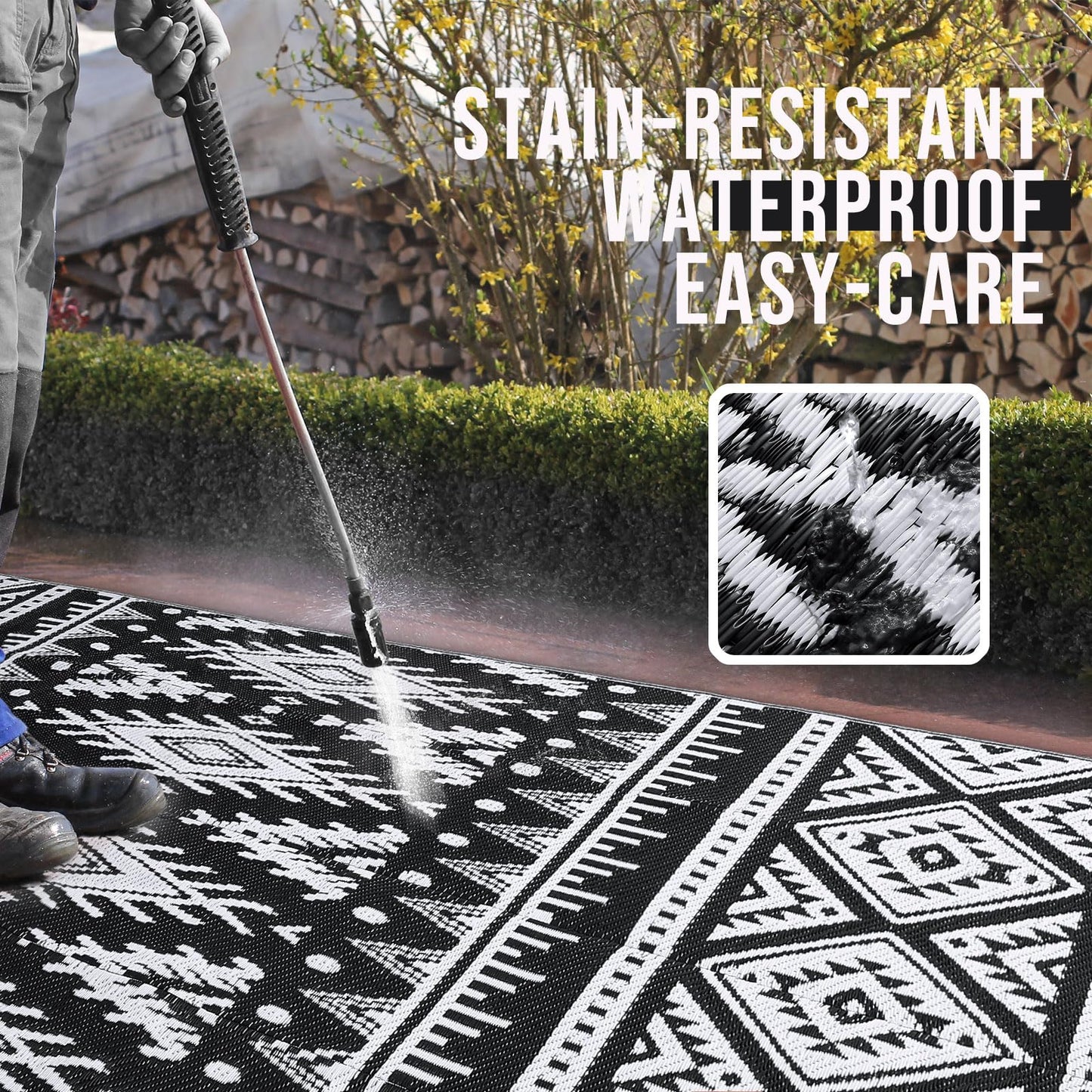 OLANLY Outdoor Rug Waterproof 5x8 ft, Reversible Outdoor Plastic Straw Rug, Boho Patio Rug, Indoor Outdoor Carpet, RV Mat Outside for Patio, Camp, Picnic, Balcony, Deck, Backyard, Black & White