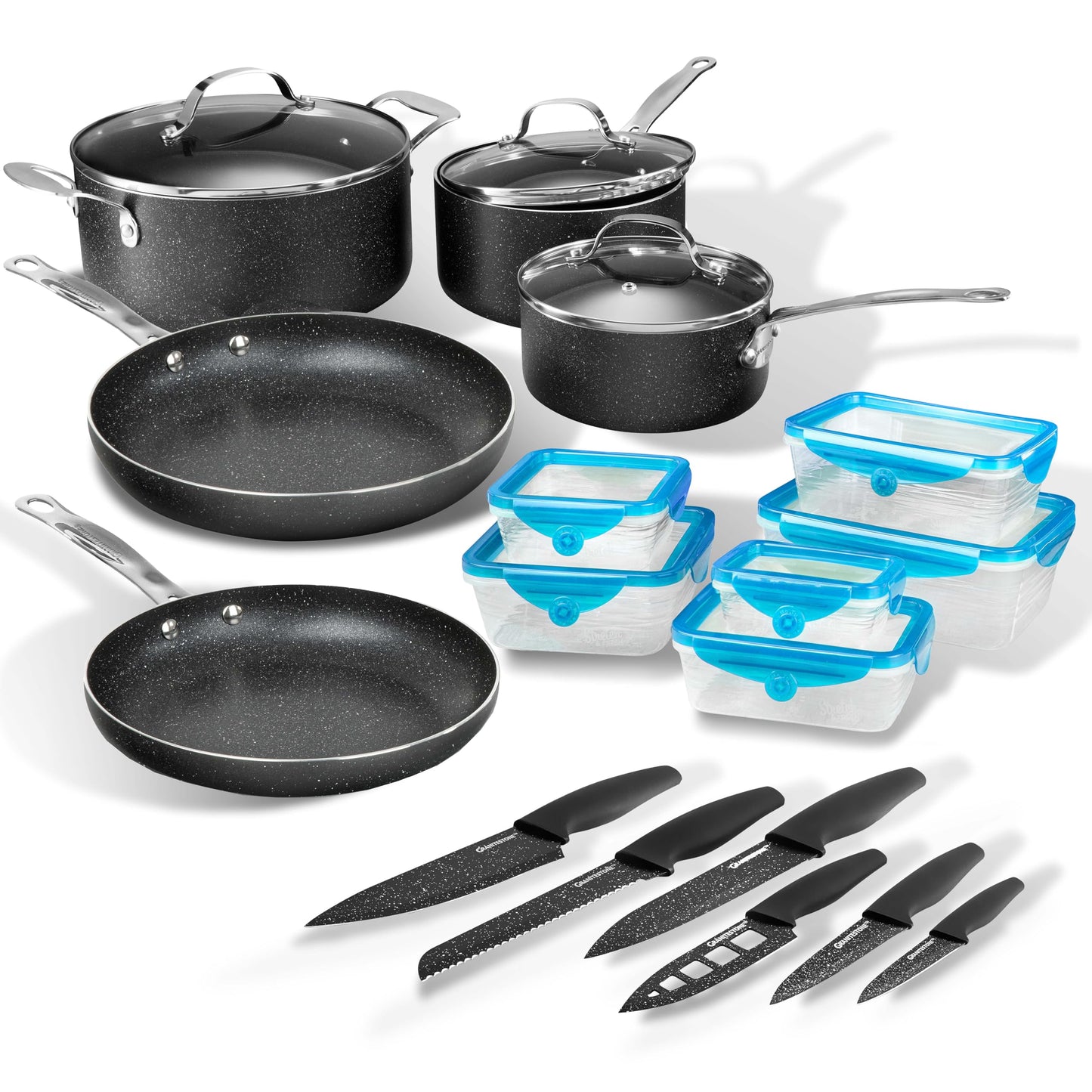 Granitestone 26 Pc Pots and Pan Set with Sharp Nutribade Knife Set & Storage Containers