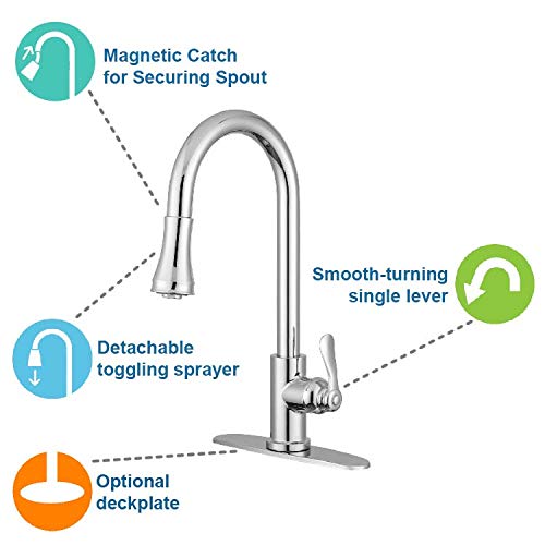 Pacific Bay Vicenza Single-Handle Pull-Down Sprayer Kitchen Sink Faucet - Spot-Resistant - Optional Deck Plate Included (Chrome Plated) - Latest Model