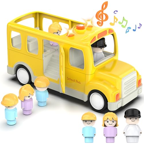 Veslier School Bus Toys with 5 Play Figures for Toddlers, Kids Car Toy with Lights ＆ Sounds, Truck with Door Opening Function ＆Stop Sign, Birthday Gift for 18M+ 2 3 4 5 Year Old Boys.