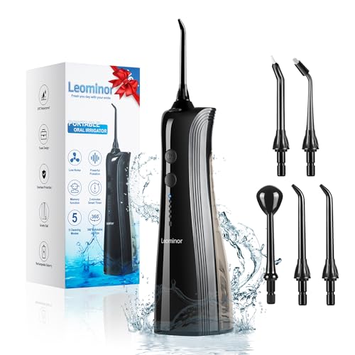 Leominor Water Dental Flosser Pick for Teeth - 5 Modes Cordless Portable Water Teeth Cleaner IPX7 Waterproof Oral Irrigator Rechargeable, Professional Flossing Cleaning Picks for Home Travel (Black)