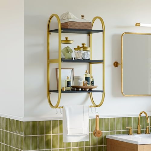 3 Tier Wood Wall Shelves for Bathroom with Golden Metal Rack and Towel Bar