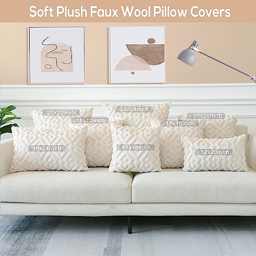 Artscope Set of 2 Decorative Throw Pillow Covers 16x16, Soft Plush Faux Wool Velvet Pillow Covers for Sofa Bedroom, Beige