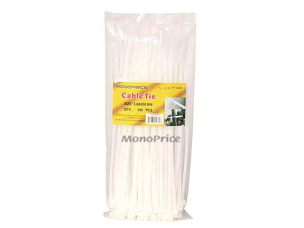 Monoprice Cable Tie 8 inch 40LBS, 100pcs/Pack - White