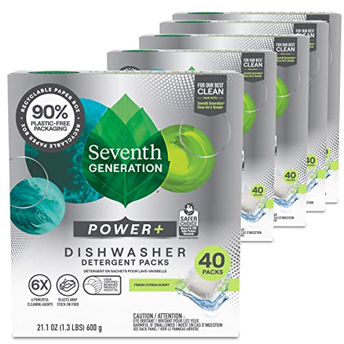 Seventh Generation Power Plus Dishwasher Detergent Packs Fresh Citrus scent for sparkling dishes Dishwasher tabs, 40 Count (Pack of 5)