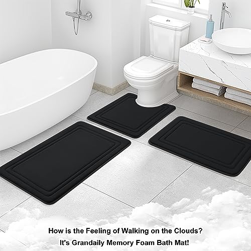 Grandaily Memory Foam Bath Mat Rug 30x20, Ultra Soft, Non-Slip and Absorbent Bathroom Rugs, Machine Wash Dry, Comfortable Bath Rug Carpet for Bathroom Floor, Tub and Shower, Black