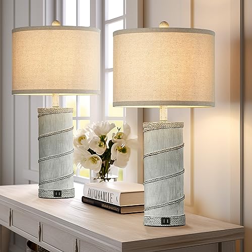 Set of 2 Farmhouse Table Lamps With USB Charging Ports