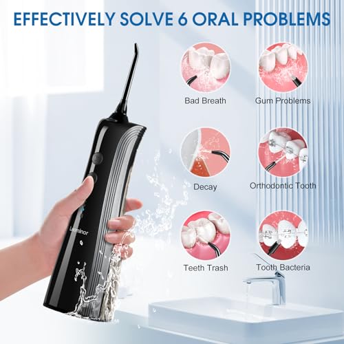 Leominor Water Dental Flosser Pick for Teeth - 5 Modes Cordless Portable Water Teeth Cleaner IPX7 Waterproof Oral Irrigator Rechargeable, Professional Flossing Cleaning Picks for Home Travel (Black)