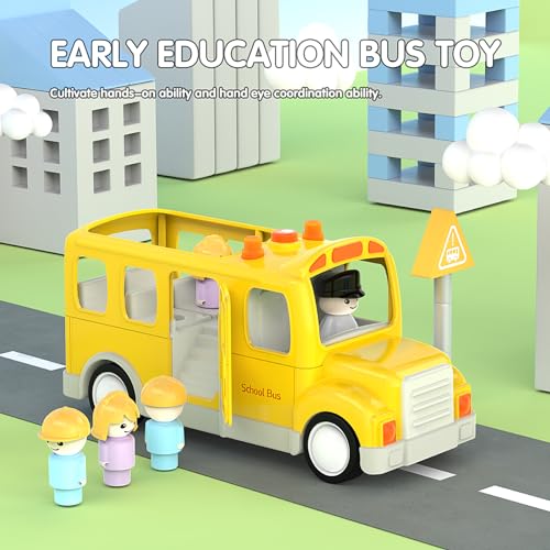 Veslier School Bus Toys with 5 Play Figures for Toddlers, Kids Car Toy with Lights ＆ Sounds, Truck with Door Opening Function ＆Stop Sign, Birthday Gift for 18M+ 2 3 4 5 Year Old Boys.